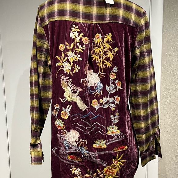 paparazzi Tops - Paparazzi Plaid and Embroidered Velvet Blouse